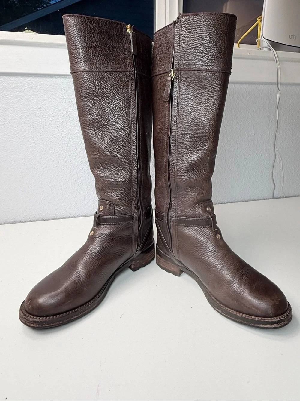 Tory Burch Boots Brown Pebbled Leather Riding Boots Tall Zip Logo women size 6.5